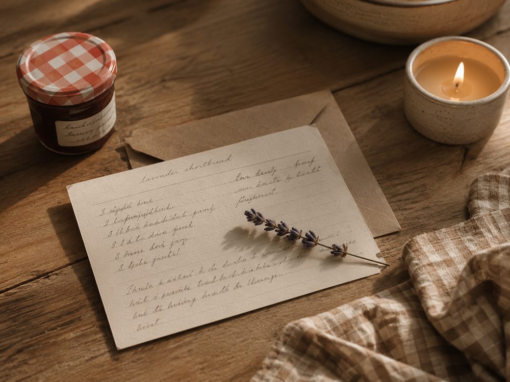 A handwritten lavender shortbread recipe card beside an envelope, a lit candle and a jar of jam
