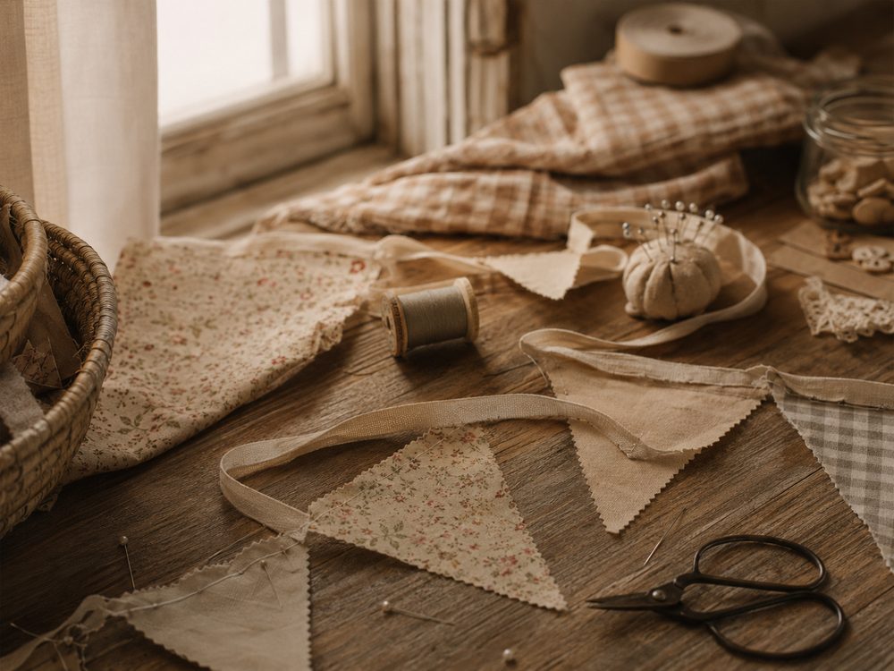 Fabric bunting flags being pinned together on a sewing table