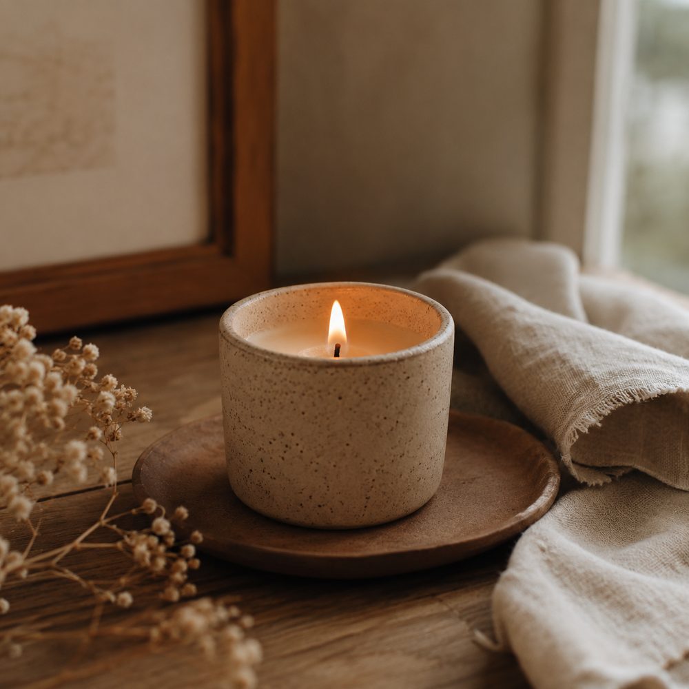 A lit candle beside dried flowers and linen