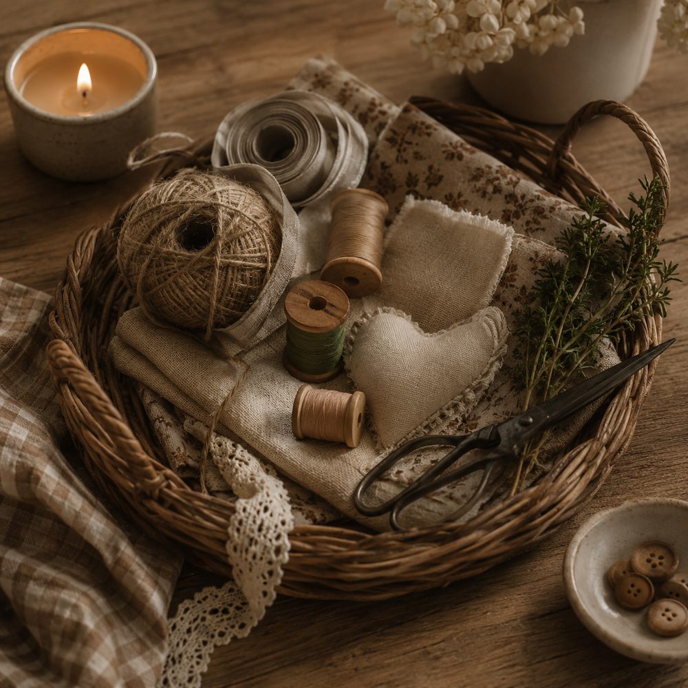 A basket of ribbon, twine and a small handmade fabric heart