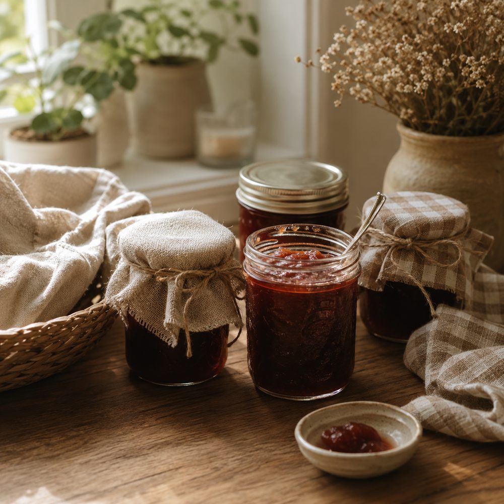 Jars of homemade jam wrapped with fabric in a basket