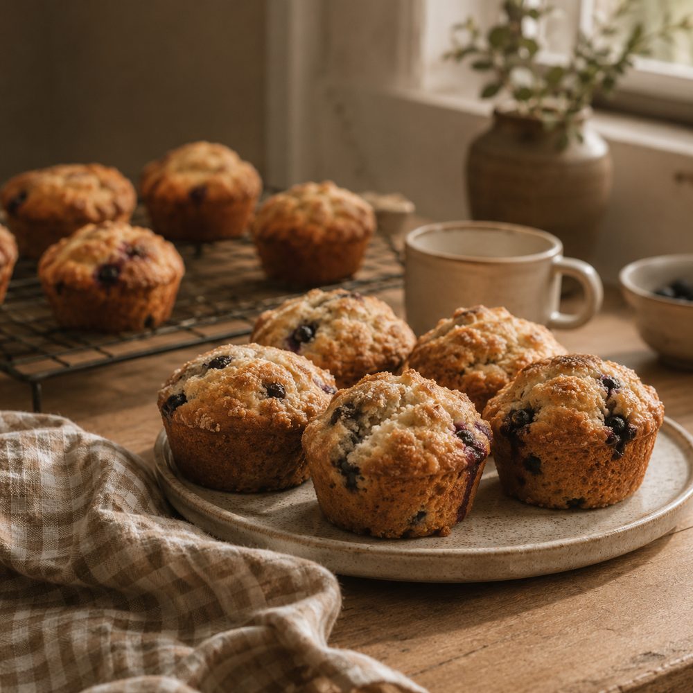 A plate of freshly baked blueberry muffins