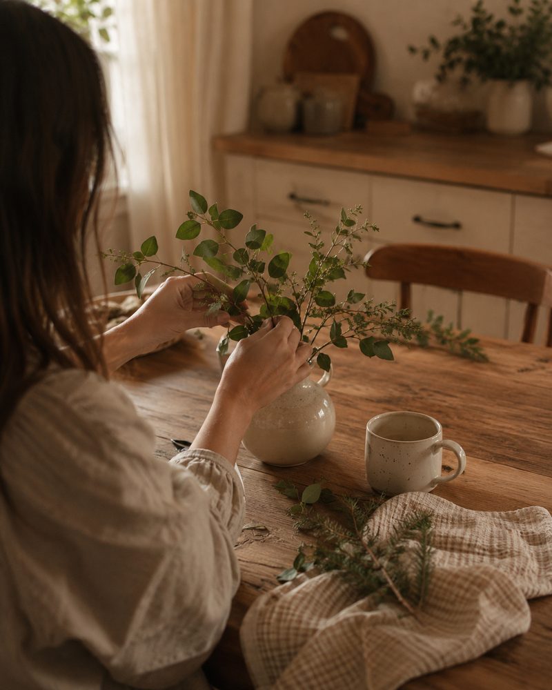 Deanna arranging garden cuttings at her kitchen table